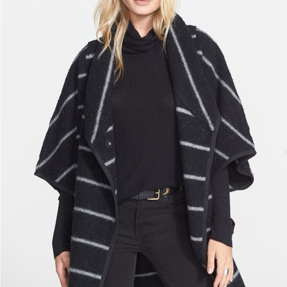 Free People Wool-Blend Striped Cape Coat – Black/Grey – XS (Oversized, Fits S–M) - Picture 1 of 16